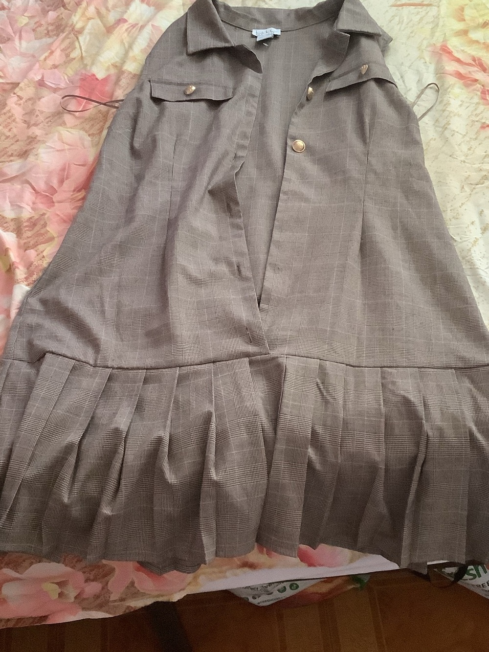 Nicole Miller Taupe Plaid Pleated Midi Dress